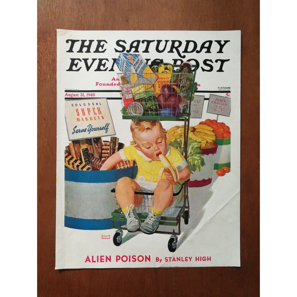 Vintage Saturday Evening Post August 31, 1940 Baby Lunch Groceries Cover Only